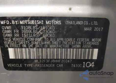 2017 Mitsubishi Mirage G4 Es из США, поврежденный, VIN ML32F3FJ8HHF20247